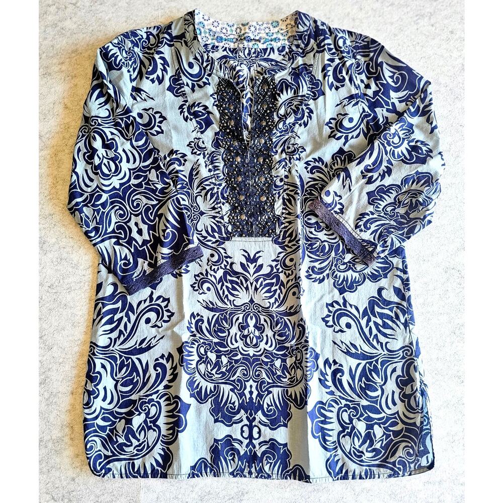 Robert Graham Embroidered Beaded Damask Print Split Neck Pullover Top, Sz S
